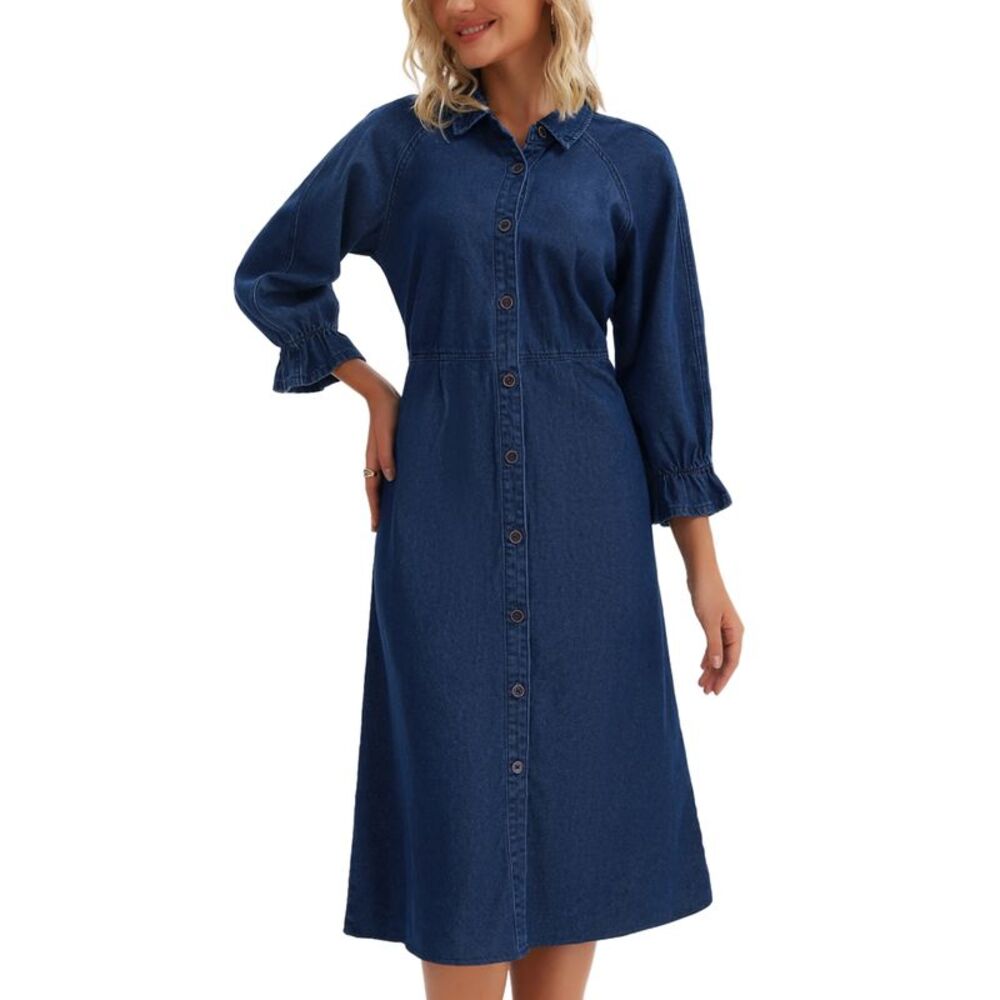 Women Denim Dress Midi Casual Ruffle 3/4 Sleeve Jean Shirt Dress Dark Blue